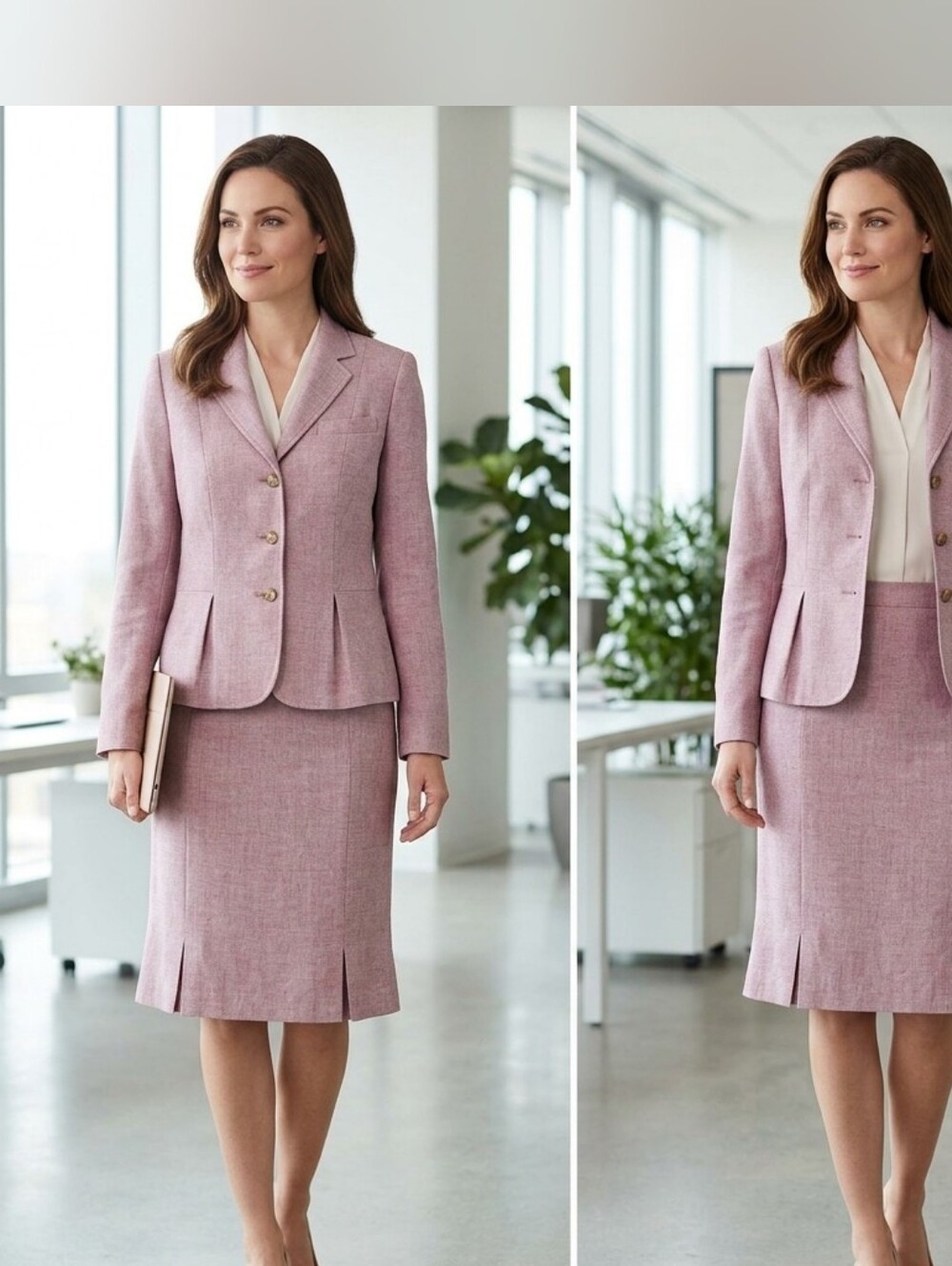 Talbots Womens Wool Blend Skirt Suit Pink Purple Heathered Pleated Blazer Set 14